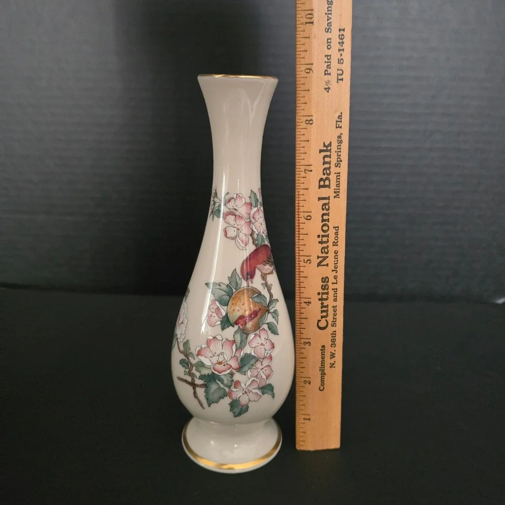 Vtg 80's Lenox Serenade Bud Vase Ivory Porcelain 24k Gold‎ Trim Bird Floral USA